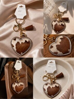 Cow Print Heart Keychain Western Purse Charm Rhinestone Tassel
